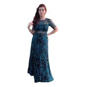 MARCHESA NOTTE Embroidered Teal Maxi Lace Gown US 4
